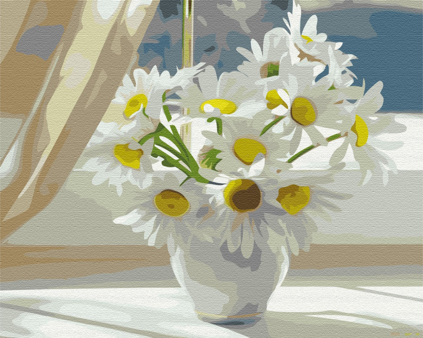 Chamomiles dans un vase blanc sur la fenêtre - Peinture par numéro