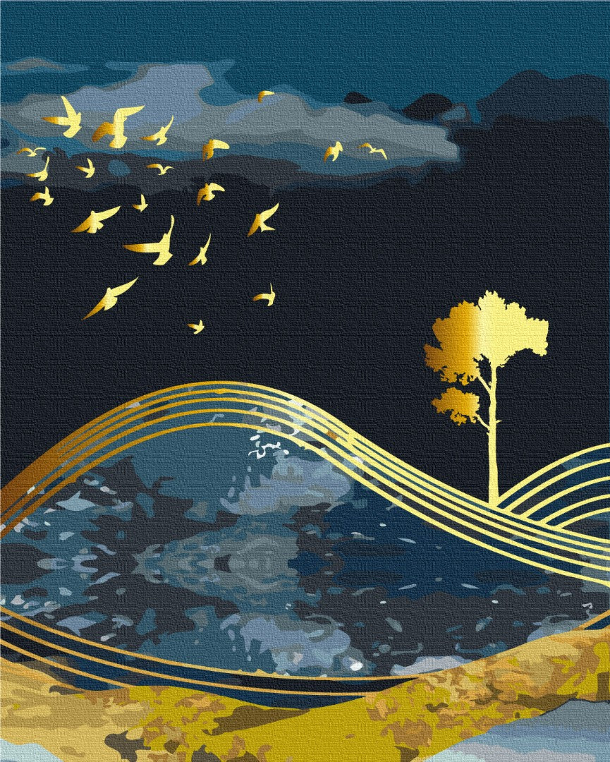 Oiseaux de la nuit avec de la peinture dorée - Peinture par numéro