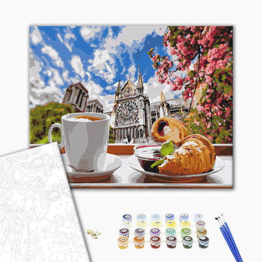 Café avec croissant sur le fond de la cathédrale - Peinture par numéro