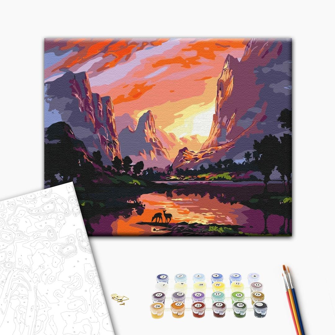Coucher de soleil brillant dans les montagnes - Peinture par numéro
