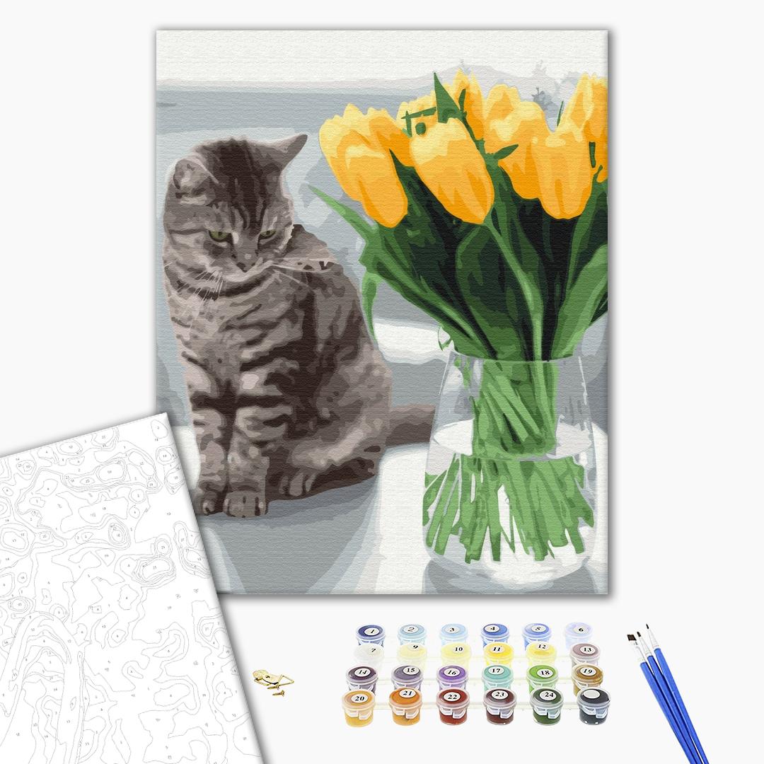 Chat avec des tulipes - Peinture par numéro