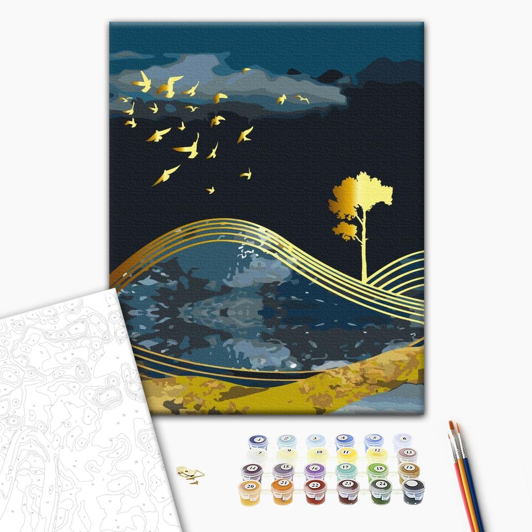 Oiseaux de la nuit avec de la peinture dorée - Peinture par numéro