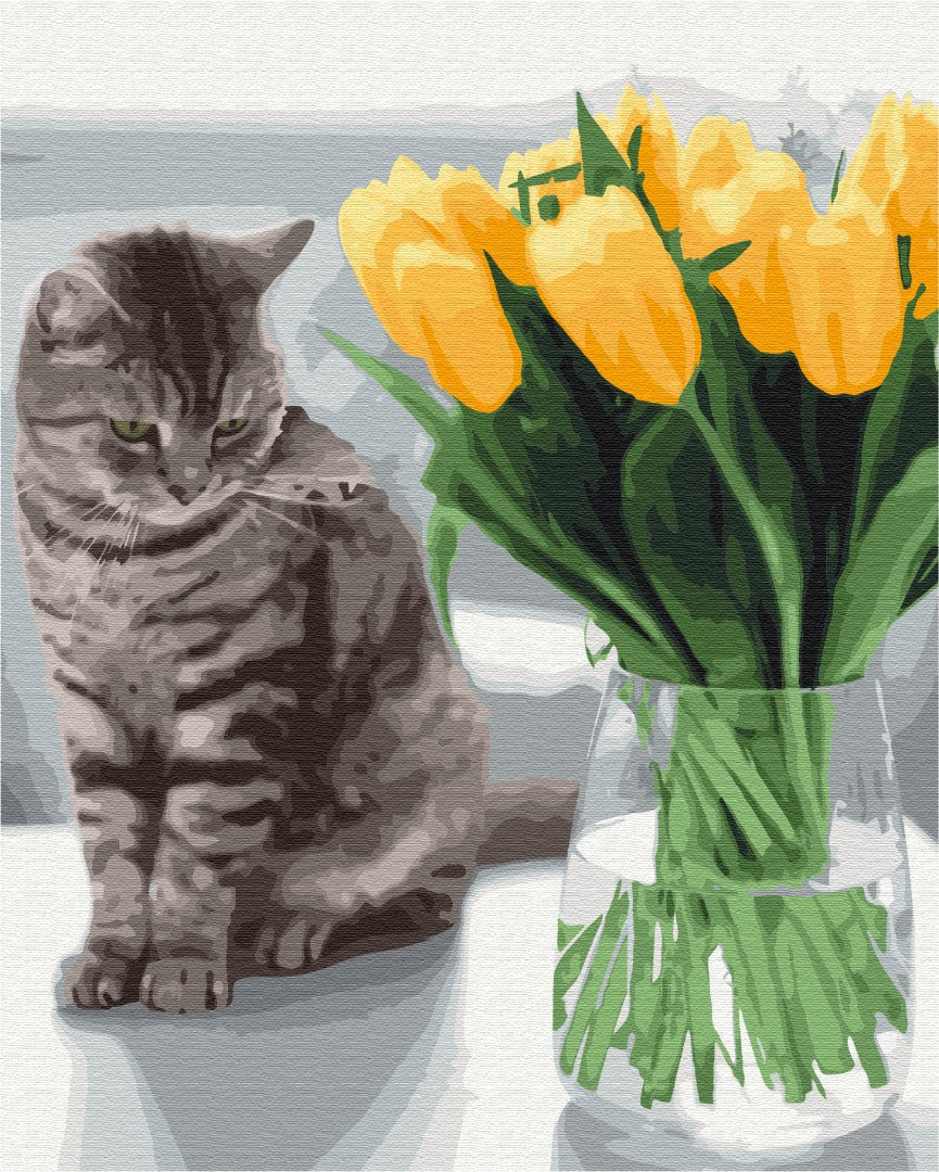 Chat avec des tulipes - Peinture par numéro